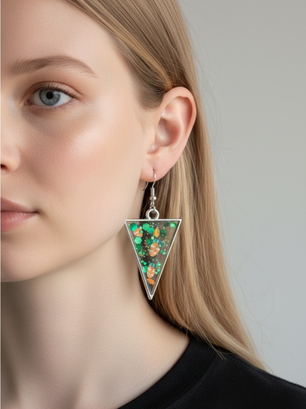 10/2 Green Triangle Resin Drop Earrings - Handmade Women Jewelry